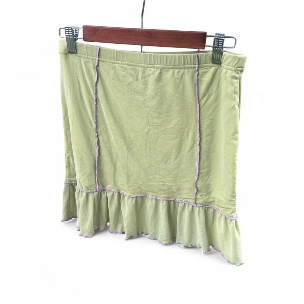 Y2K mesh raver Green ruffle mini skirt with purple trim Size L (L4)